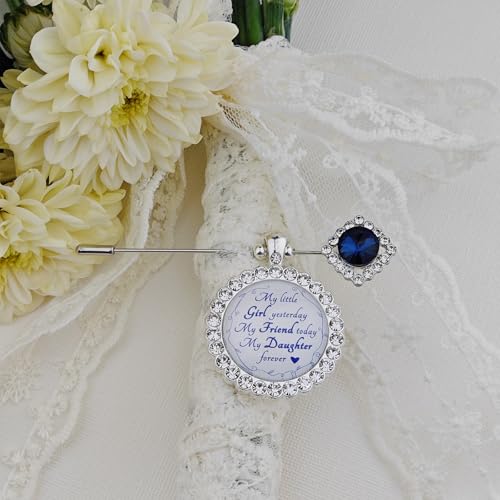 Something Blue Gift for Bride Bouquet Charms for Wedding Memory, Bridal Shower Gifts from Mom,Rhinestone Artificial Sapphire Wedding Gifts Bouquet Dress Pin with Touching Saying - style: My Little Girl (WhiteK)