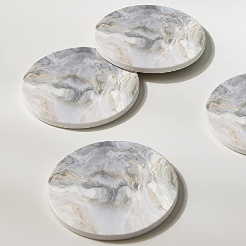 Set of 6 Abstract Gray White Marble Coasters with Holder, Absorbent Ceramic Coasters for Drinks, Coasters with Cork Backing for Table Protection, Housewarming Gifts for New Home - color: Abstract Gray White Marble