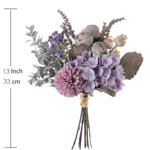 13-inch Small Artificial Fake Flowers for Table Arrangements, Silk Faux Bouquets with Three Roasted Edge Roses, Hydrangeas, Globeflower, babysbreaths, Ideal for the Kitchen or Bedroom. - color: Lavender
