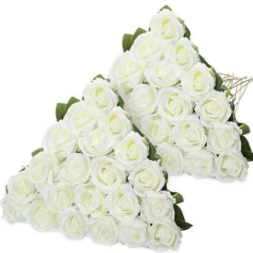 Hotop 40 Pcs Rose Artificial Flowers Bulk with Long Stem,Realistic Silk Fake Roses Bouquet for Home Wedding Centerpieces Party Table Decoration Valentines Gifts(White) - color: White