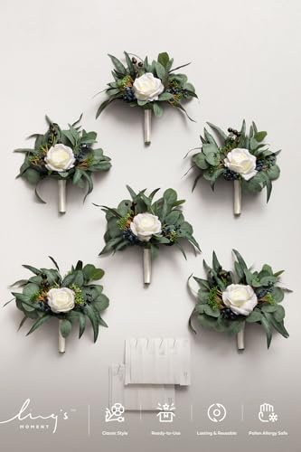 Ling's moment Artificial Bridesmaid Bouquets Set of 6 Eucalyptus Wedding Flower Bouquets White Floral Bouquet Bridal Bouquets with Ribbon Ceremony,Anniversary,7-inch Diameter - color: Wht-white
