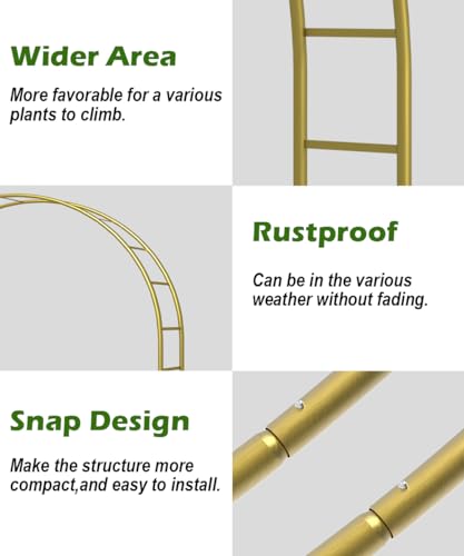 Queension Metal Wedding Arch for Ceremony Party Decoration 7Ft Wide 7.7Ft High,Garden Arch Trellis with Ground Bases for Climbing Plants,Outdoor Garden Arbor for Roses Vines, Round Frame, Gold - color: Gold, size: 7FT