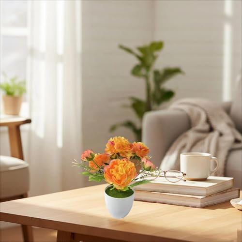 2 Packs Small Fake Potted Flowers for Home Indoor Decor, Orange Artificial Ranunculus Flowers for Wedding Office Dinning Living Room Bathroom Coffee Table Decor - color: Orange