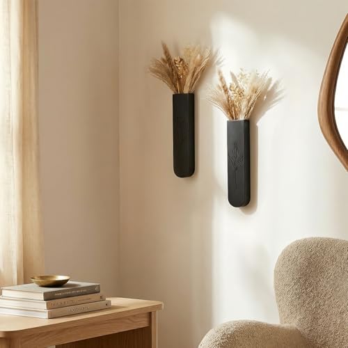 Wood Wall Vase Set of 2, 11.6 x 2.52 x 1.37 inch for Dried Flowers and Faux Greenery Plants for Bathroom,Kitchen,Farmhouse,Dining Room Wall Decor （Black - color: Black