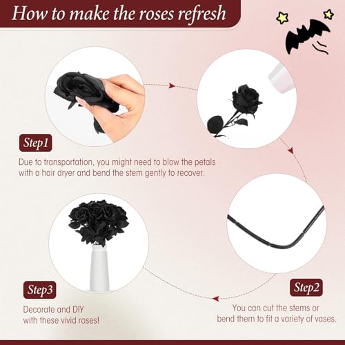 Hotop 40 Pcs Rose Artificial Flowers Bulk with Long Stem,Realistic Silk Fake Roses Bouquet for Home Wedding Centerpieces Party Table Decoration Valentines Gifts(Solid Black) - color: Solid Black