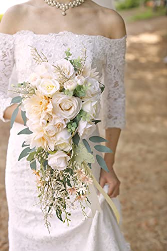 Ansofi Cascading Bouquets for Bride Beige Rose Artificial Bridal Bouquet for Boho Rustic Wedding Ceremony Anniversary - color: Bridal Bouquet