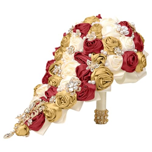 Handmade Satin Rose Water Drop Bridal Bouquet,8.7inch Crystal Wedding Round Tossing Bouquet,Jewelry Proposal Bridesmaid Bouquet Groom Corsage Bride Wrist Flower Ivory (07#Ivory WineRed Gold) - color: 07#ivory Winered Gold