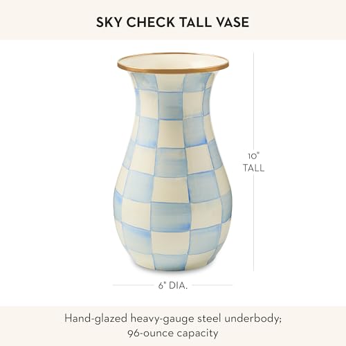 MACKENZIE-CHILDS Enamel Vase, Unique Flower-Vase Decor for Living Room, Tall, Light-Blue-and-White Sky Check - color: Sky Check