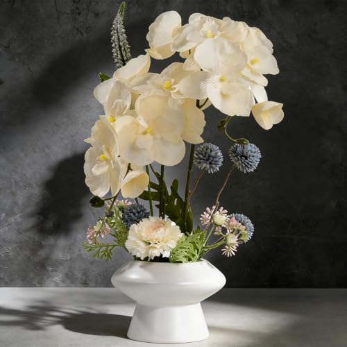 LESING Fake Orchids Flowers Arrangement in Pot,Faux Silk Orchid Artificial Flower Plant with Ceramic Vase for Table Home Decor (White Vase,White) - color: White Vase,white