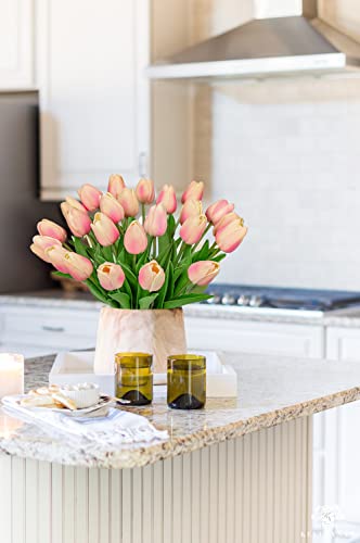 24 Pink Tulips - Artificial Flowers - 13.5" Faux Tulips for Mother's Day, Vase, Centerpieces, Home, Wedding Bouquet - color: 24pcs Gradient Peachy