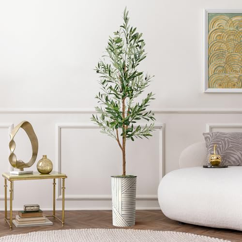 Artificial Tree in Geometric Pattern Planter, Fake Olive Silk Tree for Indoor and Outdoor Home Decoration - 68" Overall Tall (Plant Pot Plus Tree) - style: Olive Tree