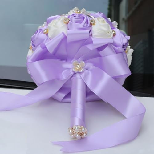 Lilac Ivory Wedding Bridal Bouquet with Rhinestone Brooch Bouquet for Bride Bridesmaid Quinceanera Satin Rose Flower Bouquet Wedding Light Purple Lilac and Ivory 7.5in - color: Light Purple & Ivory, size: Diameter: 7.5 inches