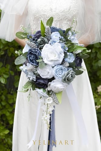 10 Inch Dusty Blue Wedding Bouquets for Bride Artificial Roses Flower Cascading Cascade Bridal Bouquet for Rustic Boho Fall Vintage Wedding Ceremony Party and Anniversary - color: Dusty Blue