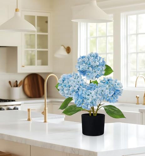 Hollyone Light Blue Hydrangea Artificial Flowers in Pots 19.7" Four-Head Faux Silk Hydranges Flower Arrangements for Indoor Home Office Kitchen Table Centerpieces Wedding Decorations - color: Light Blue, size: 4 Head Hydrangea