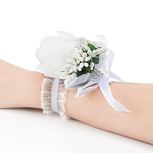 Wrist Corsage 4 Packs Wedding Bridal Wrist Flower Rose Wristband Corsage Flower for Bride Bridesmaid Perfect for Wedding, Prom, Party (4 Packs, Wrist-White) - color: Corsage-white, size: 4 Packs