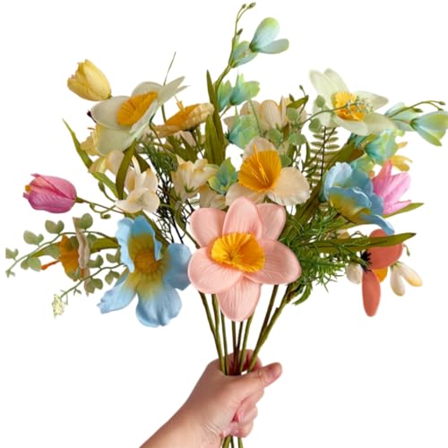 Artificial Wildflowers Bouquet, 8 Bundles Fake Silk Daffodil Flowers Arragement,Sunflowers Colorful Summer Floral Stems for Vases Indoor Outdoor Decor Wedding Centerpieces - color: DAFFODIL