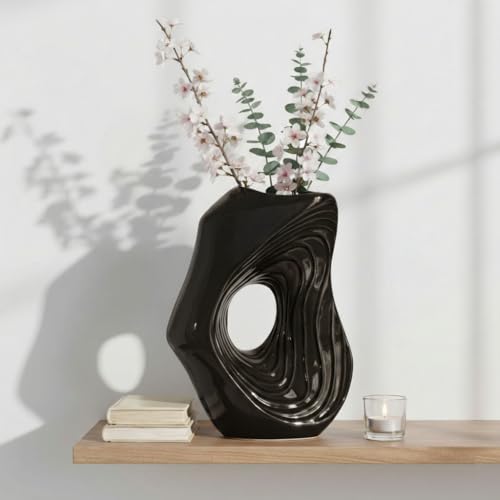 Sunddo Donut Black Vase for Home Decor - 11 Inch Tall Modern Ceramic Vases for Pampas Grass, Boho Decorative Vase for Flowers, Entryway, Fireplace, Kitchen Counter Decor - color: Black, size: 11 inch