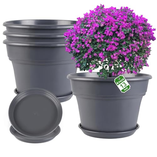 Myfeegoin 13-inch-Plant-Pots, 4 Pack Large Planters for Outdoor Plants, Plastic Flower Pots Indoor with Drainage Holes & Trays, Classic Garden Pot Container for House - color: Gray, size: 13inch