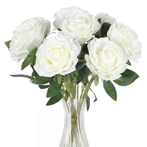 8Pcs White Large Velvet Artificial Roses, Realistic Rose Flowers with Long Stems, 25.6 “ Faux Roses for DIY White Wedding, Party Table Centerpiece, Home Bridal Garden Outdoor Decorations - color: White
