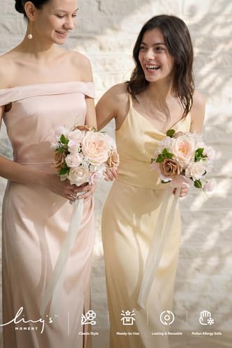 Ling's moment Pink Artificial Wedding Flower Bouquets for Bridesmaids Blush Floral Bouquet Bridal Bouquets for Bridesmaids with Ribbon Ceremony Anniversary,7-inch Diameter - color: Pk-sand Beige