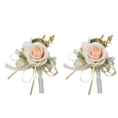 Boutonniere for Wedding Groom 2pcs Satin Rose Groomsmen Best Man Father Suit Lapel Flower Button Hole Artificial Flower With Gold Ornament for Prom Homecoming, Tea Party, Formal Dinner, Pink - color: Pink Boutonniere
