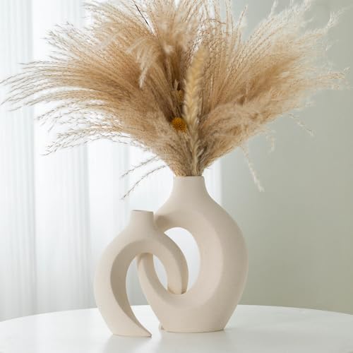 Liotww Ceramic Vases for Home Decor Set of 2, Off White Boho Small Flower Vase, Minimalist Decorative Modern Donut Vase for Living Dining Room Office Entryway Book Shelf Coffee Console Table Décor - color: Large-matte White