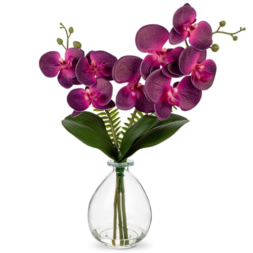 Oairse Purple Orchids Artificial Flowers, Faux Orchid in Glass Vase Real Touch Small Phalaenopsis Orchid Flowers Arrangements with Clear Vase Orchids Centerpiece for Dining Room Table - color: Purple & Clear