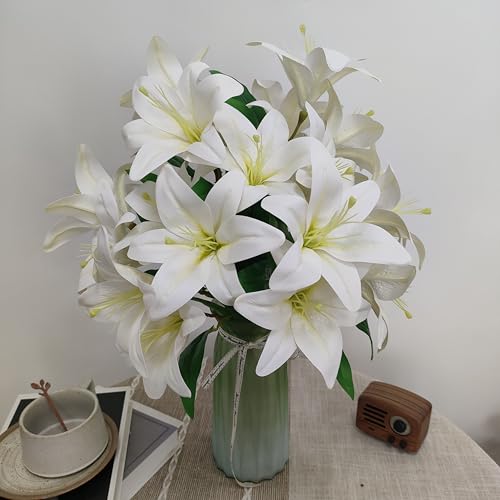 Artificial White Lilies Flowers,10Pcs Faux Lily Flower,20''Tiger Lily Branch with 2 Full Blooms, Faux Fake Lilies Plants for Wedding Bouquet Home Party Indoor Floral Arrangements (10, White) - color: White