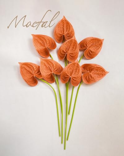 Real Touch Anthurium Artificial Flowers, 8pcs Terracotta Faux Tropical Flowers with Stems for Boho Wedding Bouquets, Rust Fall Centerpieces & Jungle Party Decoration - color: Terracotta & Orange