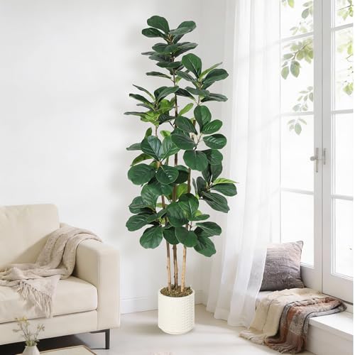 GarveeHome 7FT Artificial Fiddle Leaf Fig Tree – Potted in Decorative White Planter, Natural Large Fake Plant for Home Décor, Indoor House Plant for Living Room, Bedroom, Office - color: Green 7ft