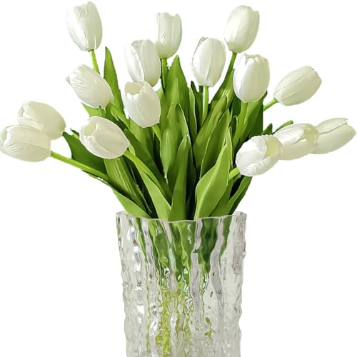 12pcs White Artificial Tulips Silk Faux Flowers Real Touch for Wedding Bouquet, Home Decor, Party Centerpiece, Table Decor, Mother's Day Easter Spring Gifts - color: White