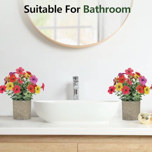 2 Pack Small Fake Plants Potted Artificial Plants Artificial Flowers Potted Faux Flower Daisy with Eucalyptus Leaves for Home Decor Office Room Farmhouse Indoor Table Bathroom Decor（Colorful） - color: Colorful
