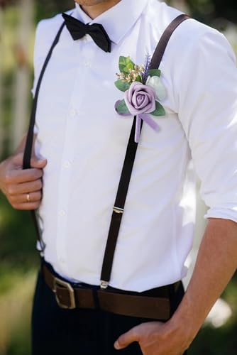 Set of 2 Purple Rose Boutonniere for MenWedding, Groom Groomsman Artificial Flowers for Wedding Anniversary Celebration,Prom,Party,Home Decoratio (Purple) - color: Purple