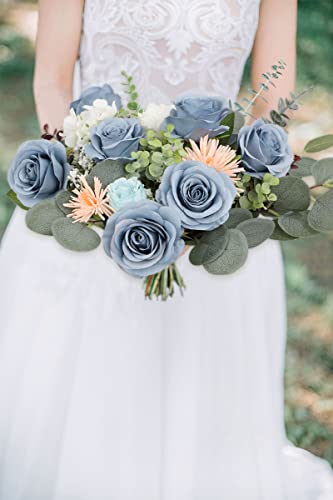 JUSMAI 50pcs Roses Artificial Flowers Dusty Blue Silk Roses with Long Stems Fake Flowers for Wedding Bouquet Centerpices Decorations Party Bridal Baby Shower Home Decor - color: Dusty Blue, size: 50PCS