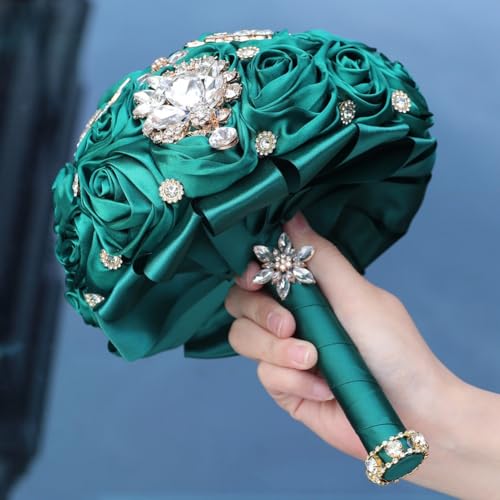 9.8in Dark Green Wedding Bridal Bouquet Handmade with Luxury Gold Rhinestone Brooch for Bride Bridesmaid Quinceanera Bouquet Satin Rose Flower Bouquet Wedding Dark Green - color: Dark Green, size: Extra-large (DIA. 9.8"/25cm)