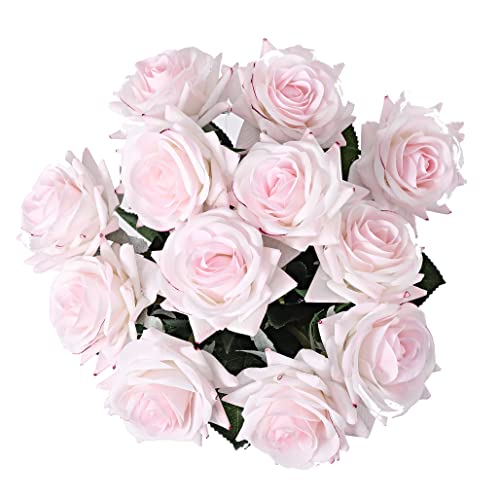 ZMZQ&flw 12PCs Artificial Roses, Real Touch Silk Flowers, Realistic Single Fake Flower with Stems Leaves for Wedding Table Bouquet Home Decor DIY, Light Pink - color: Light Pink 12pcs
