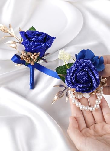Blue Boutonniere and Cosrage Set - 2 Pcs Artificial Flowers Wrist Corsage and Boutonniere Kit for Wedding Prom Dinner Party, Boutonniere and Corsage Wristlet for Groom Bride Anniversary Ceremony - color: Blue