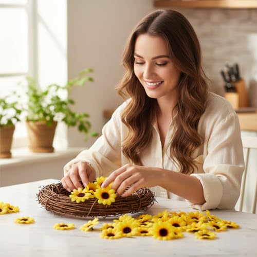 100 Pcs Sunflowers Artificial Flower Heads, Yellow Mini Fake Sunflowers Decorative Fabric Flowers Craft Floral Embellishments Silk Sun Flower Head Decorations DIY Wedding Floral Home Decor