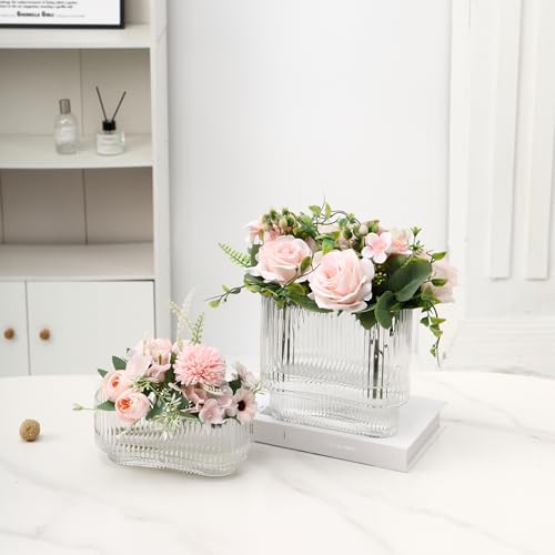 Short Glass Vases, Set of 2 Clear Glass Vases for Tulips, Ribbed Vase for Flowers, Modern Small Vase for Living Room, Dining Room, Bathroom, Desk, Shelf, Wedding, Office - color: Clear, size: Oval 7 Inches (2-Pack)