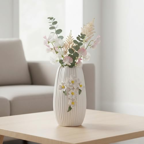 White Vase - Modern Boho Vases for Centerpieces, Minimalist Decorative Flower Vase for Pampas Grass, Dining Room Table, Shelf, Bathroom Decor, 9 Inch - color: White and Yellow, size: 9 inch