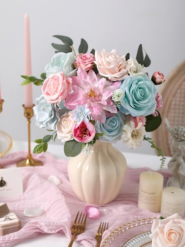 Artificial Flowers Roses Fake Flowers with Stems Blue Pink Artificial Flowers for DIY Bridal Bouquets Faux Flowers Centerpieces for Table Home Decor - color: Blue&pink