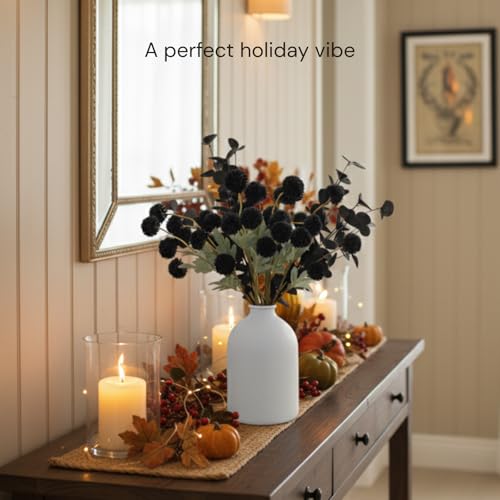 RyddeligHome Black Artificial Flowers for Centerpieces Bulk 10 Long Stems /50 Small Faux Silk Mum Balls + Black Eucalyptus Stems 2 Branches, Fall Boho Halloween Home Decor Indoor, Gothic Flowers - color: Black