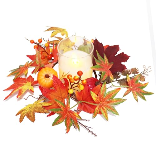 Fall Candle Ring Small Wreath Artificial Maple Leaves Pumpkin 13” for Thanksgiving Halloween Autumn Harvest Festival Farmhouse Table Decor Gift - color: Fall