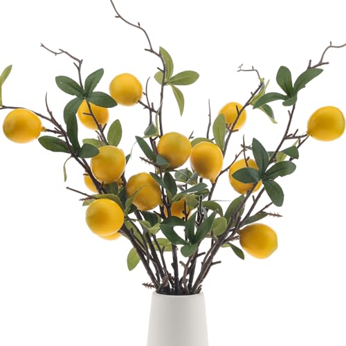 Woration 19.3inch Simulation Artificial Lemon Branches Fake Fruit Yellow Decoration for Home DIY Flower Arrangement Photography Props 5PCS - color: 19.3 Inch Fake Lemon Branches