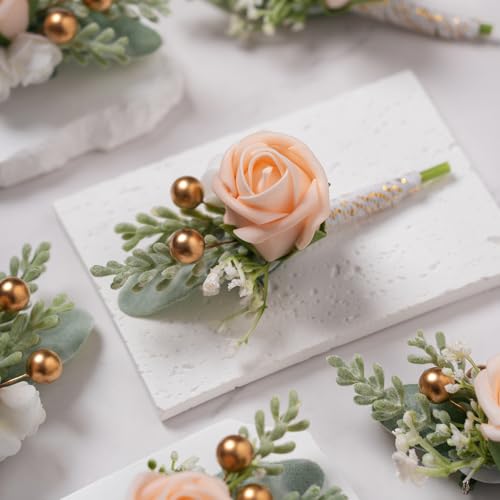 Champagne Rose Men Boutonniere Faux Foam Flower for Wedding 6Pcs | Champagne Artificial Foam Rose Boutonnieres for Wedding Prom Groom Groomsman Ceremony Anniversary Party Homecoming - color: 6pcs Champagne Pink Boutonniere