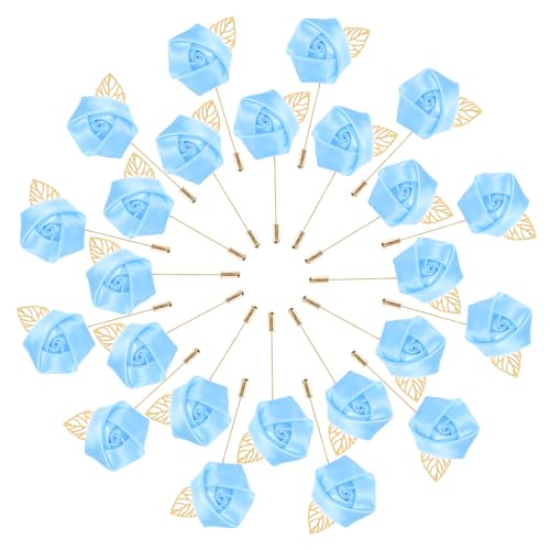 M METERXITY 48-Pack Flower Lapel Pins for Men, Golden Leaf Rose Boutonnieres Pin Groom Boutonnieres for Wedding/Dance/Party, Men Lapel Pins for Suits Satin Flower Corsage [Light Blue] - color: Light Blue