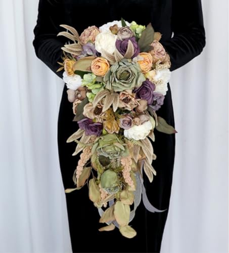 9.8 Inch Vintage Cascading Bridal Bouquet Waterfall Cascade Wedding Bouquet Bride with Artificial Rose Flower Rustic Boho Wedding Bouquet Dusty Green and Dusty Purple - color: Dusty Green & Dusty Purple