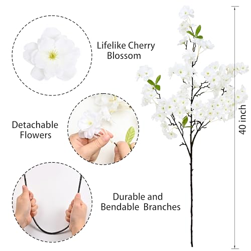 Sunm Boutique White Cherry Blossom Flowers, Artificial Cherry Blossom Decor Faux Cherry Blossom Branches Vase Arrangements for Wedding Home Party Kitchen Decor, Set of 3 - color: White With Leaves, size: Pack of 3