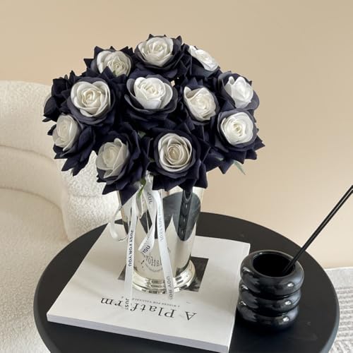 10 Bundles Black White Artificial Rose Flower,No Fade Roses,Single Stem Fake Silk Flowers Realistic Blossom Flora,for DIY Home~Halloween Decoration