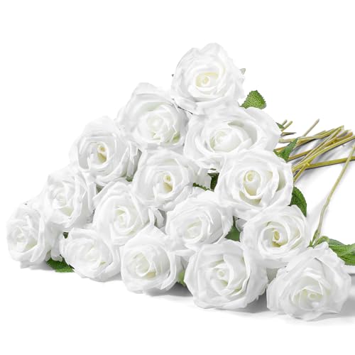 Hotop 20 Pcs Artificial Rose Flowers with Long Stem,Real Lifelike Silk Realistic Plastic Bouquet Roses Bulk for Home Decor Bridal Wedding Party Table Centerpieces Decorations(Pure White) - color: Pure White